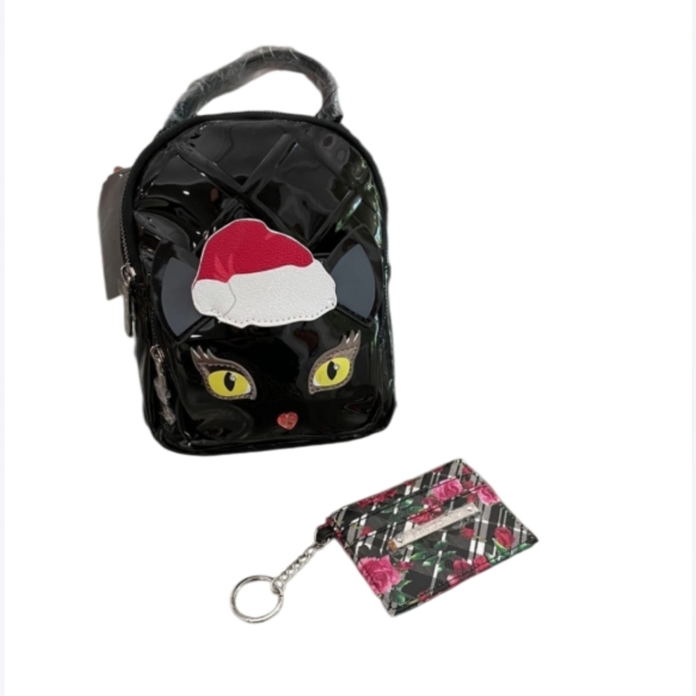 Betsey Johnson Black Patent Leather Cat Santa Hat Backpack & Card Case Set
